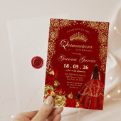 Elegant Red Gold Floral Quinceanera Party  Foil In 箔招待状