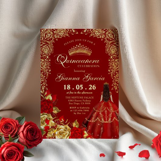 Elegant Red Gold Floral Quinceanera Party  Foil In 箔招待状