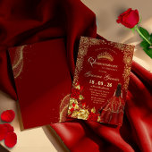 Elegant Red Gold Floral Quinceanera Party  Foil In 箔招待状