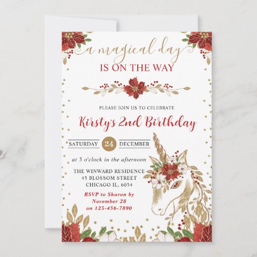 Elegant Red & Gold Floral Unicorn Birthday Party 招待状 (正面)