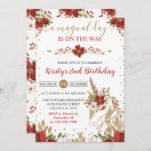 Elegant Red & Gold Floral Unicorn Birthday Party 招待状 (正面/裏面)