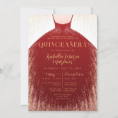 Elegant Red Gold Glitter Dress Quinceañera  招待状 (正面)