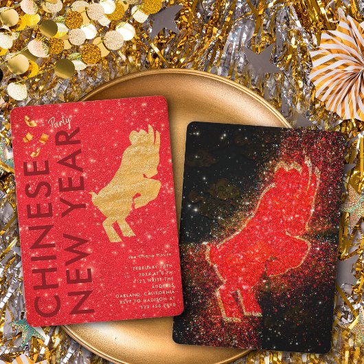 Elegant Red Gold Glitter Goat Lunar New Year Party 招待状