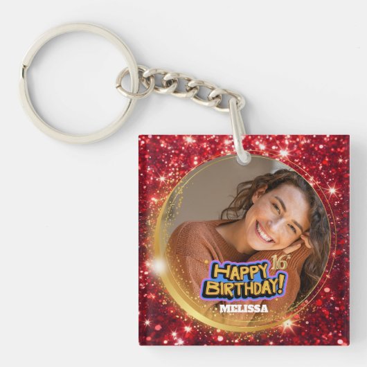 Elegant Red & Gold Glitter Photo 16th Birthday キーホルダー (正面)