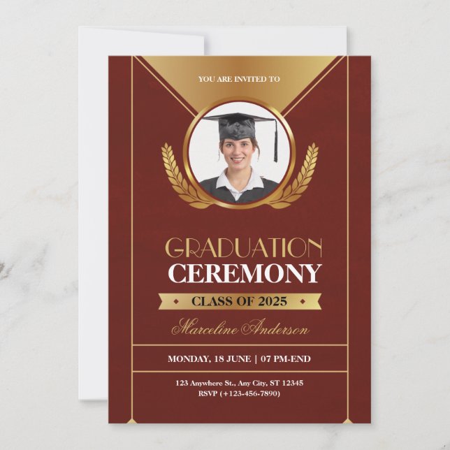 Elegant Red Gold Graduation Ceremony Invite (正面)