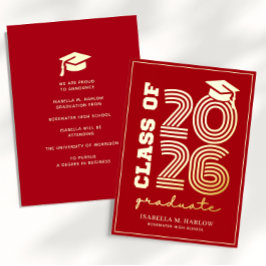 Elegant Red Gold Graduation YY Announcement 箔招待状