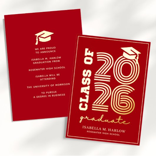 Elegant Red Gold Graduation YY Announcement 箔招待状