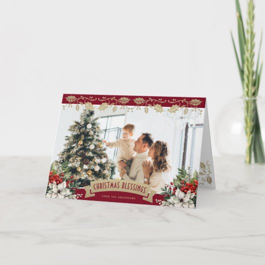 Elegant Red Gold Holly Poinsettia Photo Christian シーズンカード (正面)