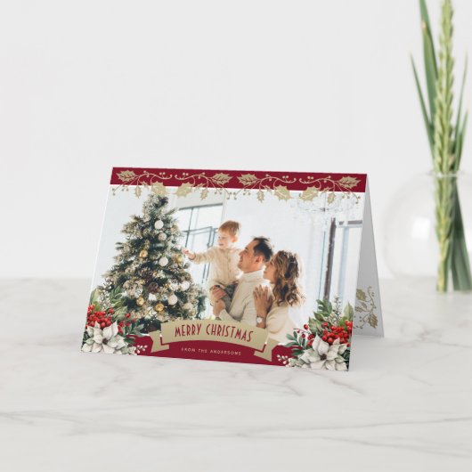 Elegant Red Gold Holly Poinsettia Photo Christmas シーズンカード (正面)