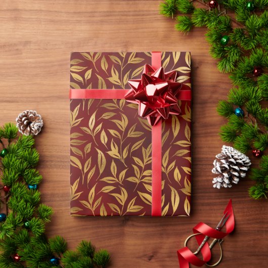 Elegant Red Gold Leaf Botanical Christmas  ラッピングペーパー (クリスマスギフト)