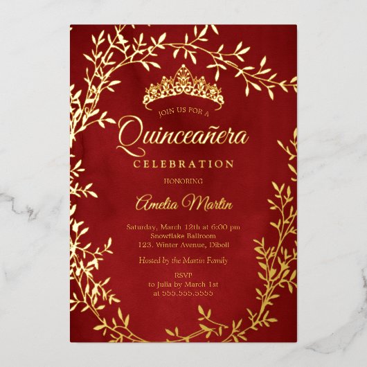 Elegant Red Gold Leaf Wreath Quinceanera 箔招待状 (正面)