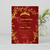 Elegant Red Gold Leaf Wreath Quinceanera 箔招待状 (立ち正面)