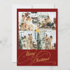 Elegant Red & Gold Merry Christmas Family Photo -  シーズンカード