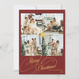 Elegant Red & Gold Merry Christmas Family Photo -  シーズンカード