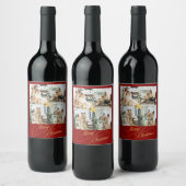 Elegant Red & Gold Merry Christmas Family Photo -  ワインラベル (ボトル)