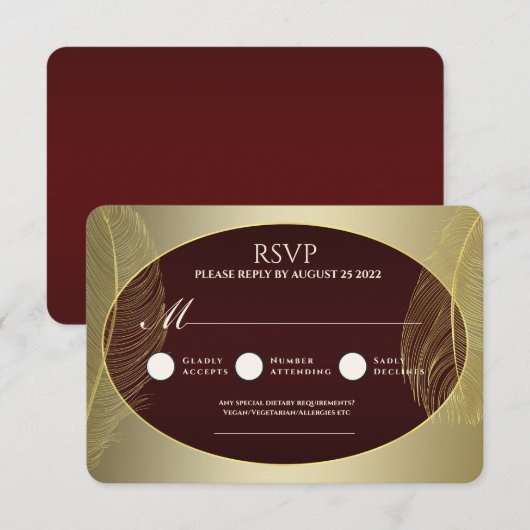 Elegant Red Gold Oval Feather RSVP Card (正面/裏面)