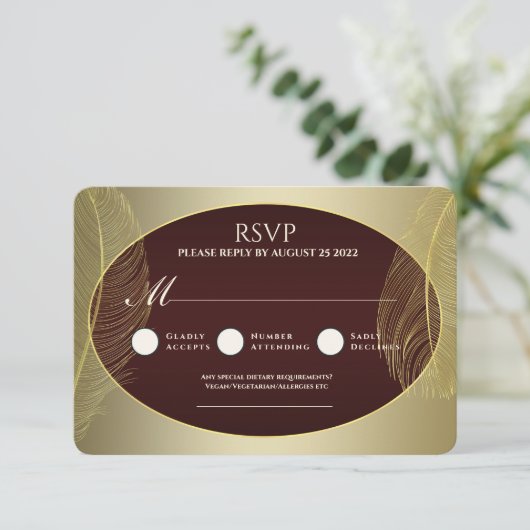 Elegant Red Gold Oval Feather RSVP Card (スタンド正面)