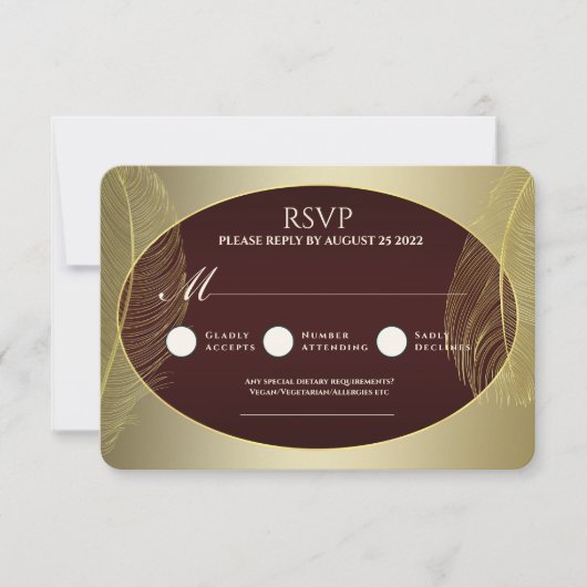 Elegant Red Gold Oval Feather RSVP Card (正面)