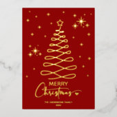 Elegant Red Gold Ribbon Tree Christmas Photo 箔シーズンカード (正面)