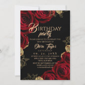 Elegant Red Gold Roses Birthday Party 招待状 (正面)