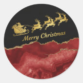 Elegant Red Gold Santa Sleigh Merry Christmas  ラウンドシール (正面)