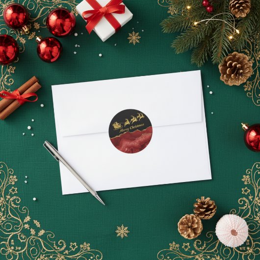 Elegant Red Gold Santa Sleigh Merry Christmas  ラウンドシール