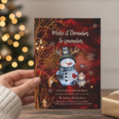 Elegant Red Gold Snowman & Characters Christmas 招待状