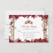 Elegant Red Golden Tiara Floral Quinceañera 出欠カード (正面)