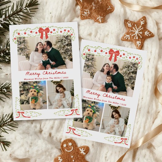 Elegant Red Green Christmas Photo Holiday Card シーズンカード