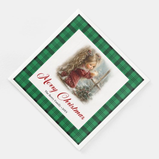 Elegant Red Green Festive Winter Scene Napkins (コーナー)