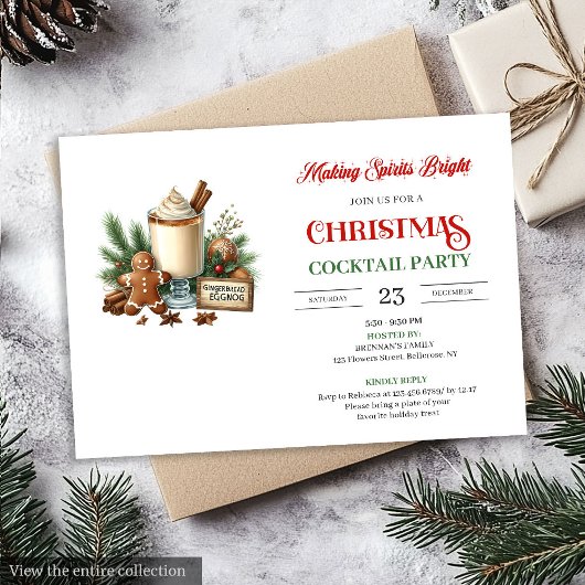 Elegant Red Green Holiday Cocktails Party Invite 招待状