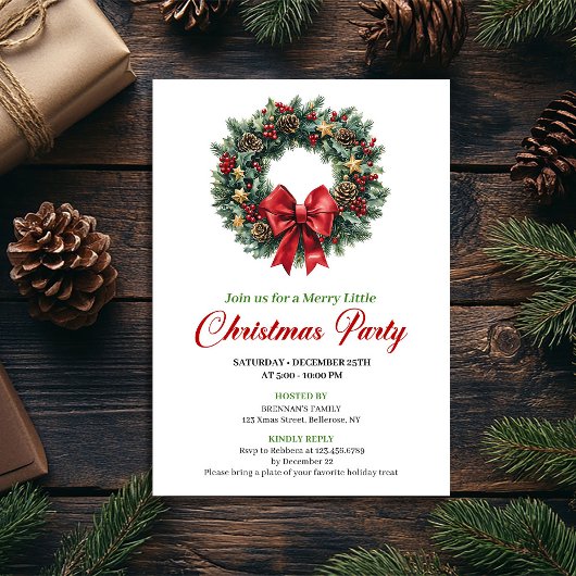 Elegant Red Green Pine Wreath Party Invitation 招待状