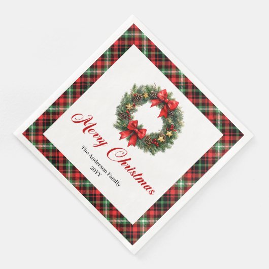 Elegant Red Green Plaid Christmas Wreath Napkins (コーナー)