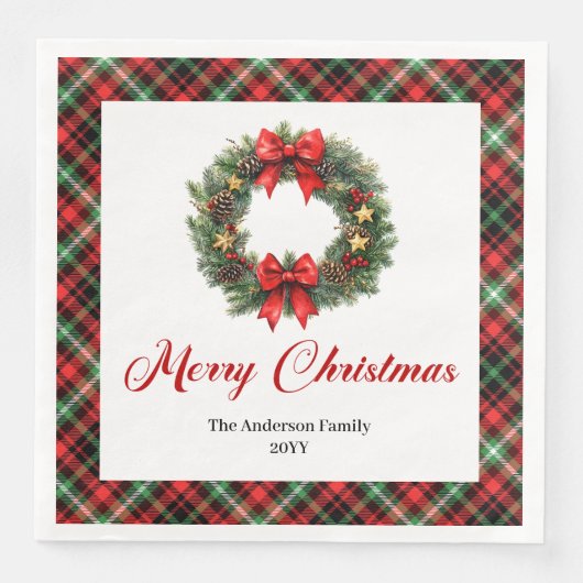 Elegant Red Green Plaid Christmas Wreath Napkins (正面)