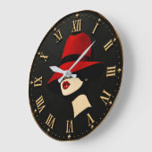 Elegant Red Hat Fashion Lady Modern Portrait ラージ壁時計 (傾斜)