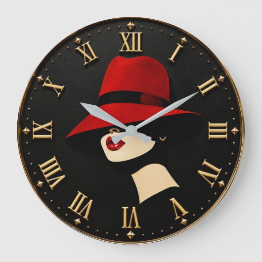 Elegant Red Hat Fashion Lady Modern Portrait ラージ壁時計 (正面)