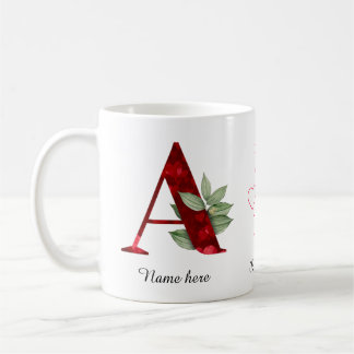 Elegant Red Heart Floral Letter A Initial Mug コーヒーマグカップ