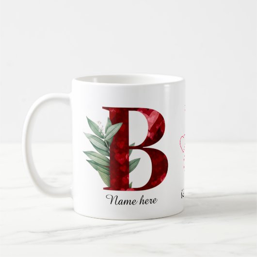 Elegant Red Heart Floral Letter B Initial Coffee  コーヒーマグカップ (左)