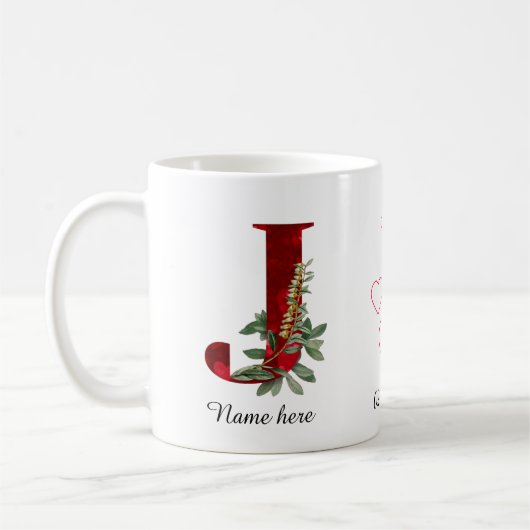 Elegant Red Heart Floral Letter J Initial Mug コーヒーマグカップ (左)