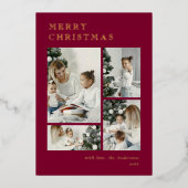 Elegant Red Holiday Photo Collage Christmas Card 箔シーズンカード (正面)