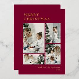 Elegant Red Holiday Photo Collage Christmas Card 箔シーズンカード
