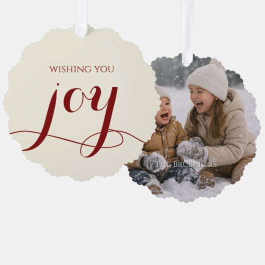 Elegant Red Joy Personalized Christmas Photo オーナメントカード (正面/裏面)