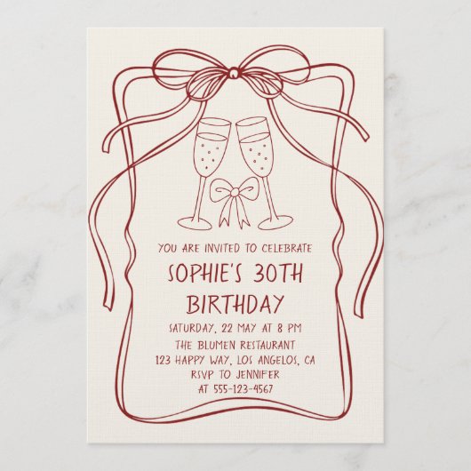 Elegant Red Line Art Bow & Champagne 30th Birthday 招待状 (正面)