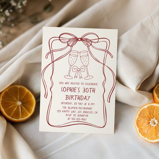 Elegant Red Line Art Bow & Champagne 30th Birthday 招待状