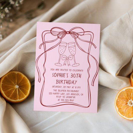 Elegant Red Line Art Bow & Champagne 30th Birthday 招待状
