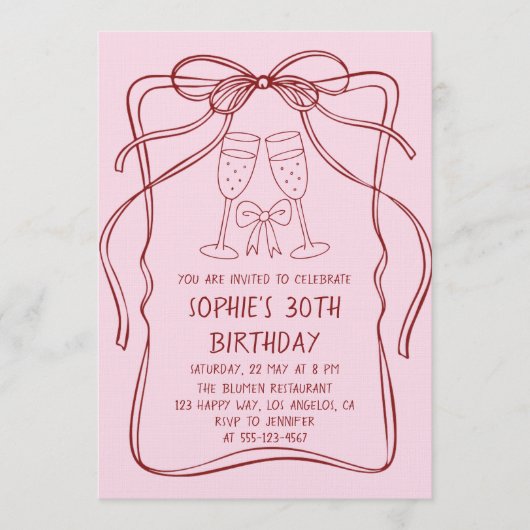 Elegant Red Line Art Bow & Champagne 30th Birthday 招待状 (正面)