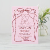 Elegant Red Line Art Bow & Champagne 30th Birthday 招待状 (スタンド正面)
