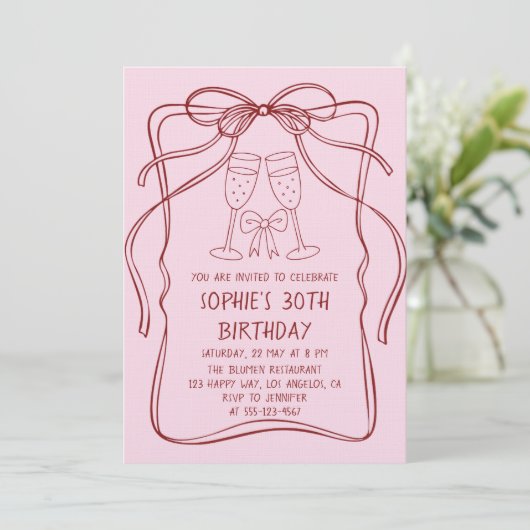 Elegant Red Line Art Bow & Champagne 30th Birthday 招待状 (スタンド正面)