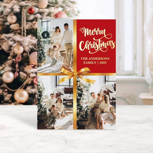 Elegant Red Merry Christmas Gold Bow Photo Card  箔シーズンカード