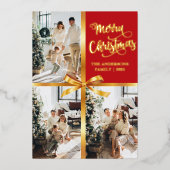 Elegant Red Merry Christmas Gold Bow Photo Card  箔シーズンカード (正面)